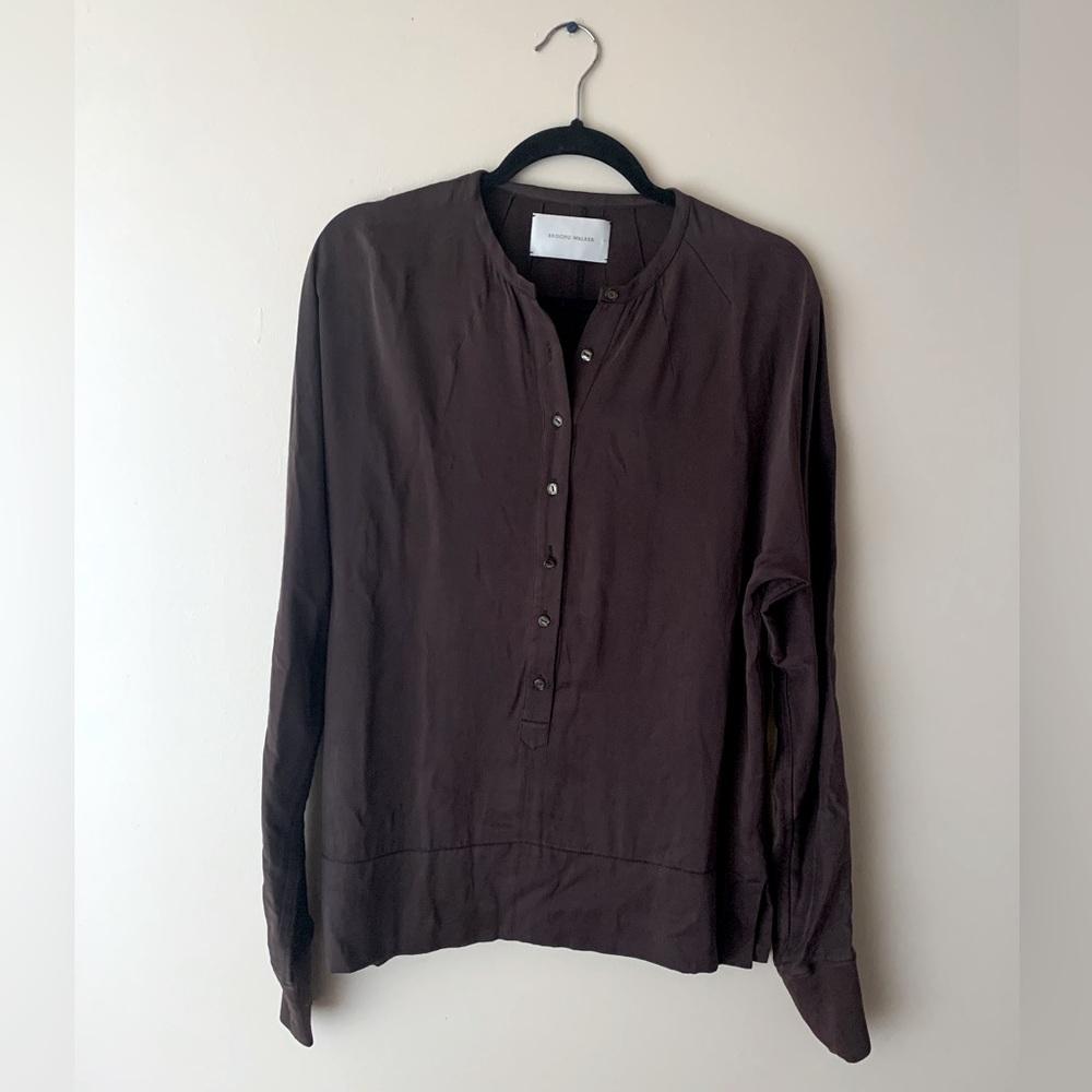 Brochu Walker Silk Half-Button Down Brown Small